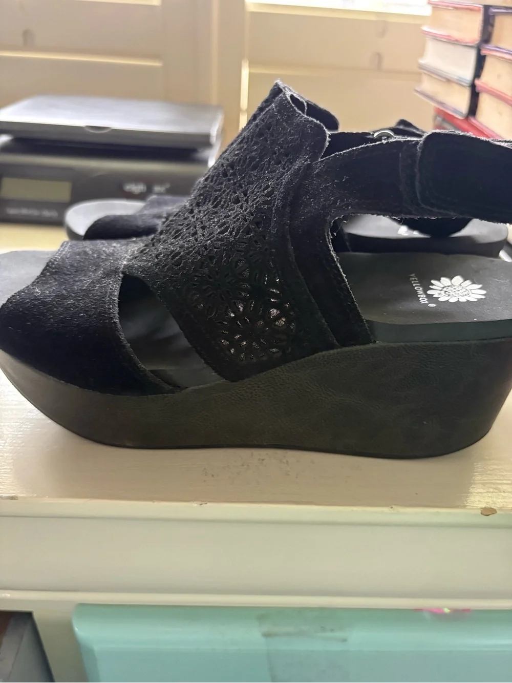 Yellow Box Black Laser-Cut Slingback Wedge Sandals